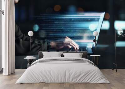 Computer, screen hologram and person coding, software development or programming script in cybersecurity. Night, laptop research and programmer or IT people on html code, expansion or 3d data in dark Wall mural