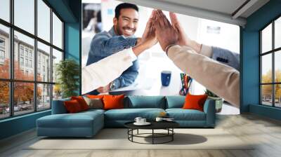 Creative people, meeting and high five for team building, success or achievement at the office. Happy group with hands together for teamwork, celebration or support in trust or startup at workplace Wall mural