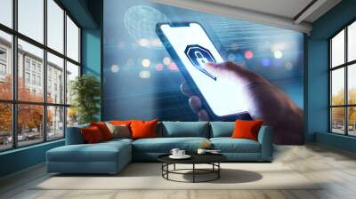 Cyber security, hand and phone with safety lock system for network, information or data. Person with icon on personal smartphone screen for privacy, antivirus or hacking and fraud or access control Wall mural