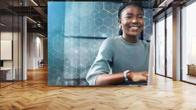 Grid overlay, business woman and portrait with computer in office for email and digital planning. Working, African female professional and technology for website development job with mockup space Wall mural