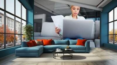 Home, inflation and woman with a laptop, document and bills with budget planning, investment and research. Person, paperwork or girl with a pc, tax or review financial profile with connection Wall mural