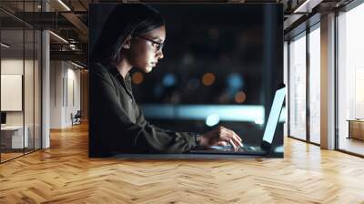 Laptop, research and business woman in coding, software development and programming for night cybersecurity. Computer, typing and screen reflection, focus and data analysis of programmer or IT person Wall mural