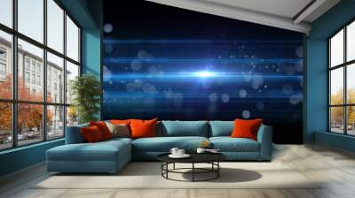 Light, black background and bokeh with space, galaxy and pattern graphic with vortex wallpaper. Star, dark and glow with spark and astral glow with blue shine, hologram and art with digital render Wall mural