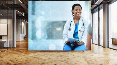 Mature woman, doctor and patient in hospital, consultation and smile for results, support and care. Medical, healthcare and professional for checkup, friendly and bokeh at clinic, job and wellness Wall mural