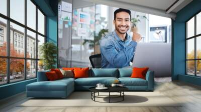 Portrait, business and man with a laptop, smile and connection with website information, advertising agency and career. Face, happy male person or ad agent with a pc, digital planning and copywriting Wall mural