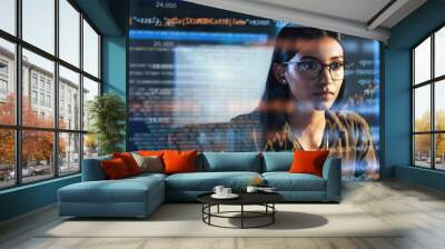 Software, coding hologram and woman in data analytics, information technology and gdpr overlay. Programmer or IT person in glasses reading script, programming and cybersecurity research on computer Wall mural