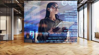 Software, coding hologram and woman on tablet thinking of data analytics, digital technology and night overlay. Programmer or IT person in glasses on 3d screen, programming and cybersecurity research Wall mural