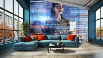 Tablet, code hologram and business woman in data analysis, digital technology or software overlay for gdpr. Programmer, person thinking and 3d screen, programming statistics or cybersecurity research Wall mural