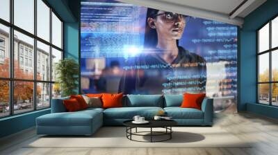 Thinking, code hologram and woman with tablet data analysis, digital technology and software overlay at night. Programmer or Indian person with 3d screen, programming stats and cybersecurity research Wall mural