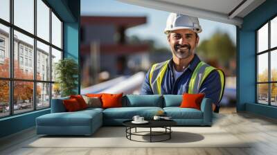 Portrait of smiling civil engineer or professional building constructor wearing safety hat Wall mural