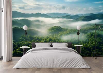 Rainforest or jungle aerial view. Top view of a green forest with mist, for earth day concept Wall mural