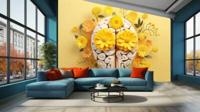 World mental health awareness day. Human brain and flowers on a yellow background Wall mural