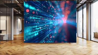 Code, internet and big data connection for cloud storage, artificial intelligence and coding. Blue, matrix and network connectivity for ai algorithm, quantum computing and communication background Wall mural