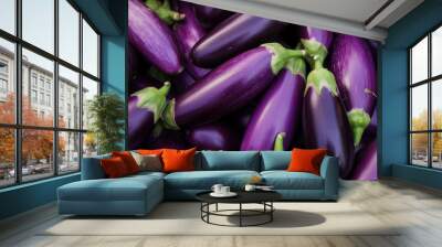 Healthy, natural and eggplant background in studio for farming, organic produce and lifestyle. Fresh, summer food and health meal closeup for eco farm market, fibre diet and vegetable agriculture Wall mural