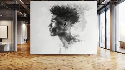 Portrait, sketch and drawing of a black man for artist inspiration, creativity and background. Detailed, pencil illustration and drawing of a male on white canvas for education, lesson and hobby Wall mural