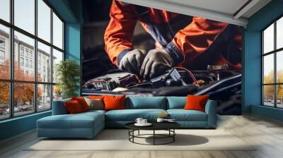 Professional, mechanic or man working on vehicle or car engine. Close-up, hands and crop for car parts and automobile service repair in a engineer or garage workshop Wall mural