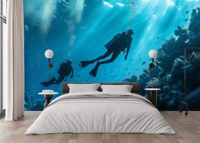 Scuba diving, underwater or diver swimming and exploring for marine adventure, hobby or vacation activity. Beautiful, blue and clear calm ocean view for travel, exploration or environmental discovery Wall mural