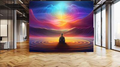 Silhouette, energy and meditation on colorful background or wallpaper, for mindfulness and spirituality chakra. Enlightenment, peaceful and religion practise for mental health, zen and stress free Wall mural