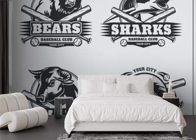 Baseball badges, labels and design elements. Sport club emblems with bear, shark, bull and horse. Wall mural