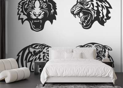 Set of angry tiger heads. Print design for t-shirt. Tattoo and sport club design. Wall mural