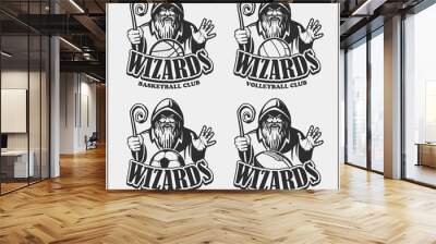 Volleyball, basketball, soccer and football logos and labels. Sport club emblems with wizard or magician. Print design for t-shirts. Wall mural