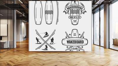 Wakeboarding silhouettes, labels and design elements. Set of emblems for wakeboard club and print design for t-shirt. Wall mural