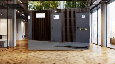 Modern public toilet on street, convenient wc for people with access for men, women and people with disabilities, accessible environment for disabled people with special ramp to toilet door Wall mural