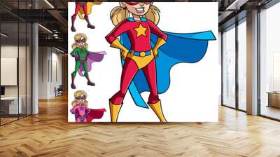 Full length illustration of super heroine girl smiling happy while wearing cape and superhero costume.
 Wall mural