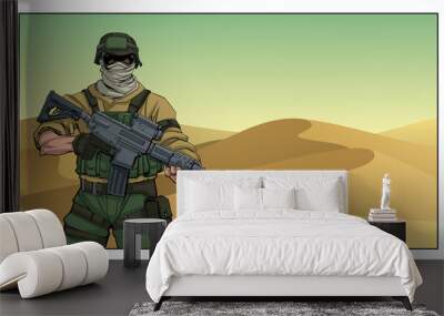 Illustration of masked soldier on a mission in the desert.  Wall mural