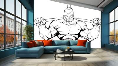 line art illustration of strong spartan warrior doing squats with a barbell on white background. Wall mural