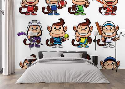 Set of 12 cartoon monkey mascots for different sports, isolated on white background.  Wall mural