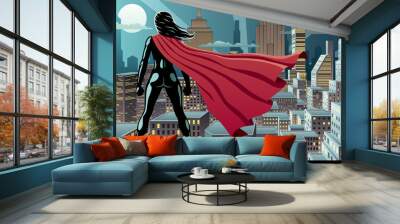 Super Heroine Watch 3 / Superhero watching over city at night.  Wall mural