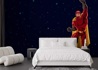 Superhero Flying 2 Space / Cartoon illustration of flying superhero over space background and copy space.  Wall mural