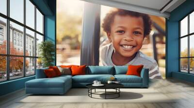 Black dark-skinned african american cute happy smiling boy outdoors at playground. Generative AI Wall mural