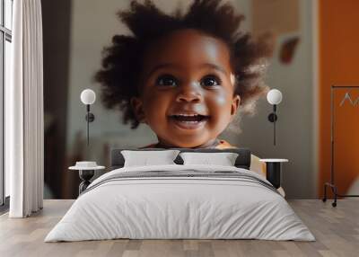 Black dark-skinned african american cute happy smiling girl portrait at home. Wall mural