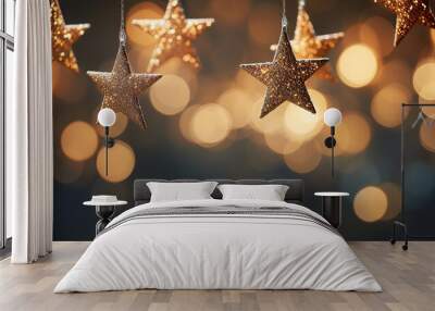 Christmas lights with festive decoration. New Year concept. Stars at the abstract defocused background Wall mural