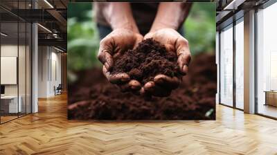 Farmer holding soil in hands close-up. Male hands touching soil on the field. Agriculture, gardening or ecology concept. Generative AI Wall mural