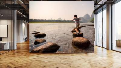 Stepping stone crossing on li river Yangshuo Wall mural