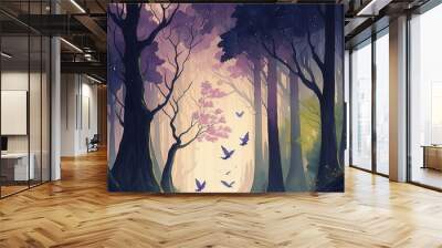 AI generated Mystical fantasy watercolor style natural forest wallpaper art, colorful and fairy flat illustration. Wall mural