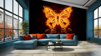 Fire flame fiery butterfly on black background realistic fire high quality graphic wallpaper artwork Wall mural