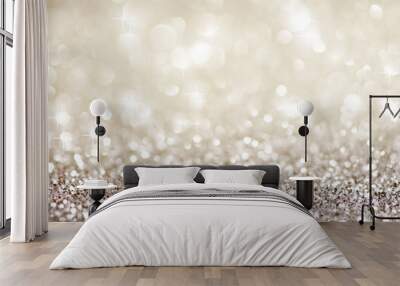 Silver white glittering Christmas lights. Festive abstract glitter bokeh background Wall mural