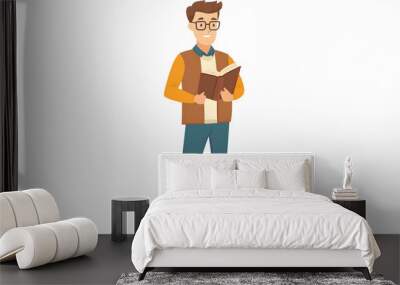 A Caucasian office clerk standing holding a book under his arm. A contemporary style. flat design illustration with isolated white background.   Wall mural