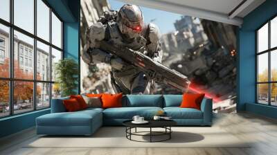 A dynamic action shot of a character from a dystopian future, wearing battle-scarred armor and holding a laser rifle, running through a destroyed urban landscape Wall mural