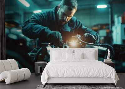 A high-resolution close-up of a professional mechanic working on a car engine in a well-lit garage Wall mural