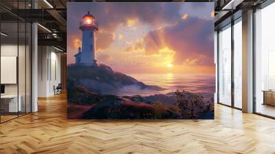 A historic lighthouse standing tall on a rocky promontory, with the first light of dawn breaking over the horizon. Wall mural