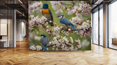 A lively gathering of birds on a branch with a profusion of spring flowers. Wall mural