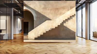 A minimalist composition of a traditional omani adobe building, featuring a staircase and arched doorway, capturing the essence of oman's architectural heritage    Wall mural