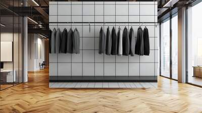 Black and gray formal attire showcased in a modern shop display against a white square tile wall with black grout lines, creating a stylish garment product background in 3D.  Wall mural