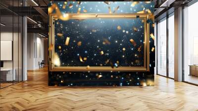 Bright and Illuminated Golden Frame with Shiny Confetti and a Magical Glistening Christmas Background, Featuring Ample Space for Custom Text in a Luxury Holiday Banner Wall mural