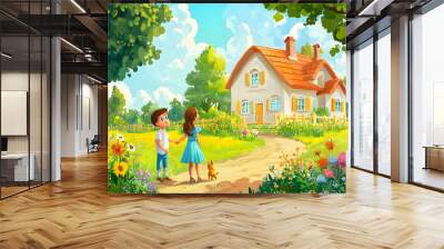 Cartoon scene with farm house beautiful girl daughter and sick father - illustration for children   Wall mural